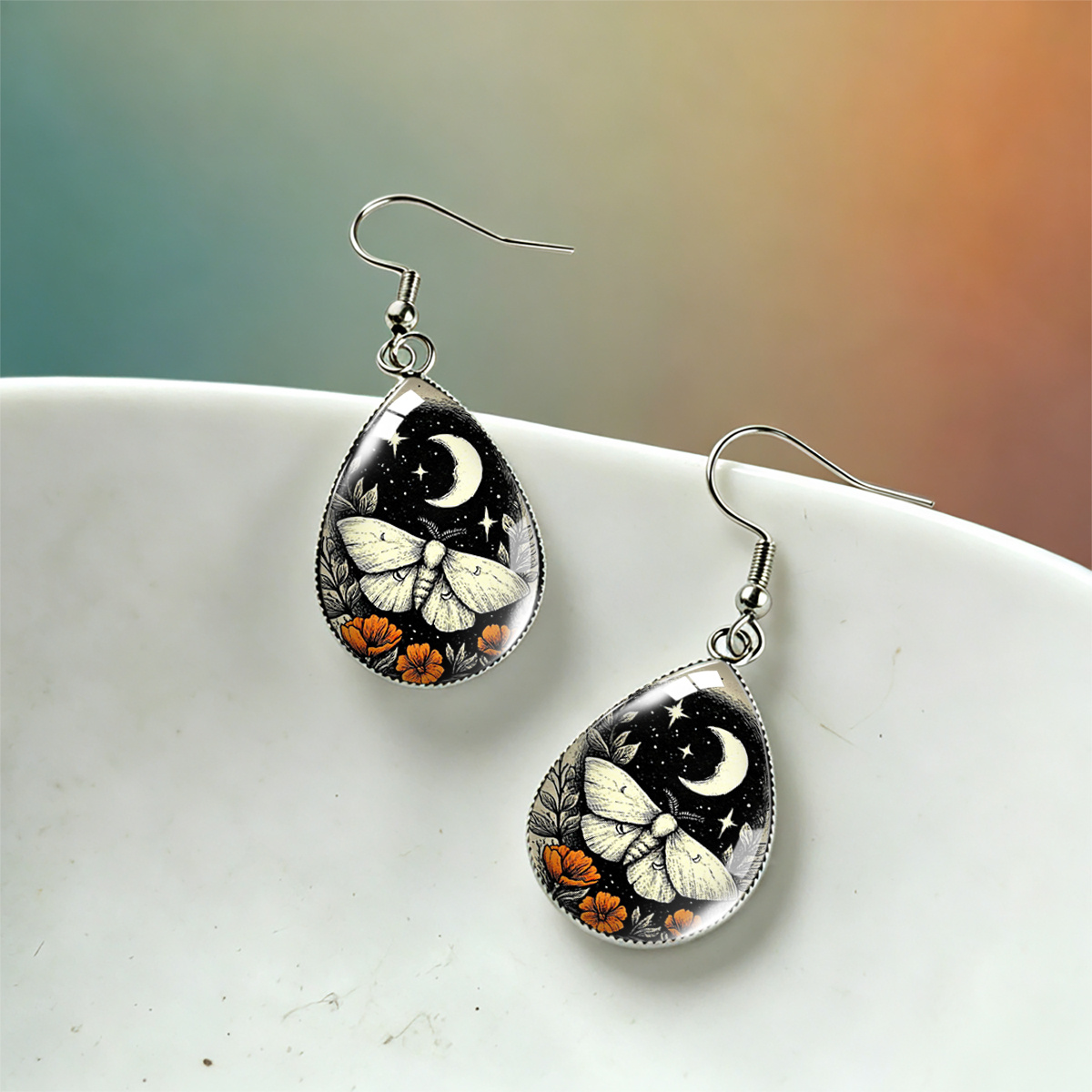 Crescent Star Moth Orange Flower Print Water Drop Earrings